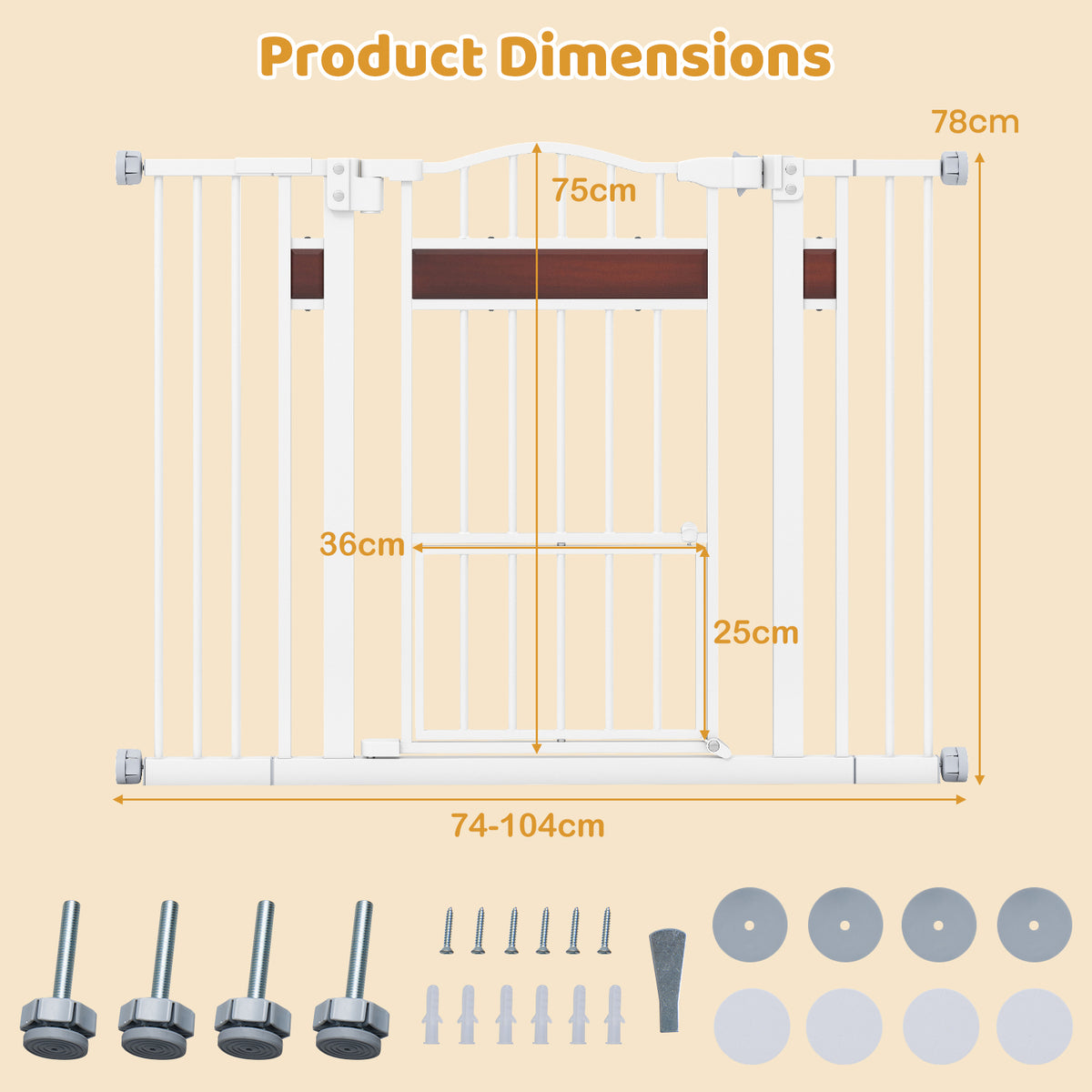 Technical drawing showing the white pet gate and all included mounting hardware components