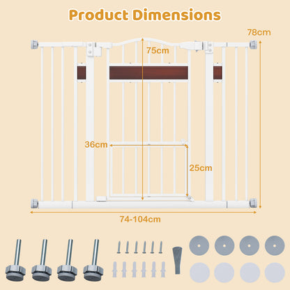 Technical drawing showing the white pet gate and all included mounting hardware components