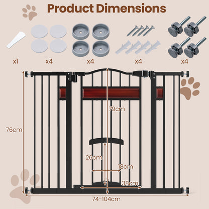The black pet gate shown with dimensions and included parts for assembly