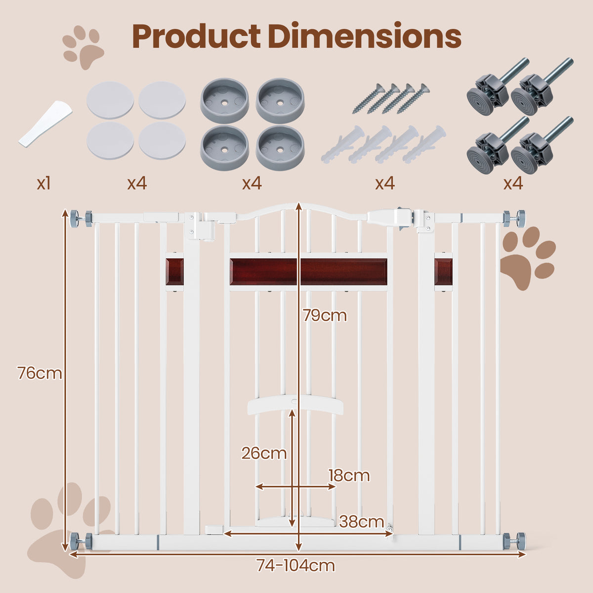 Product dimensions diagram showing the white extra wide pet gate with measurements and included parts