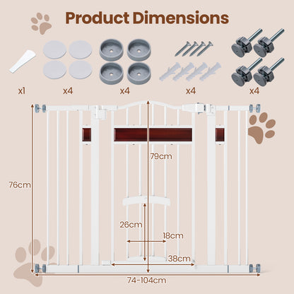 Product dimensions diagram showing the white extra wide pet gate with measurements and included parts