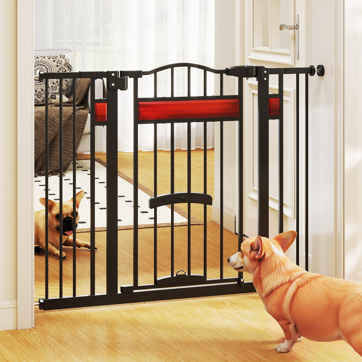 Two dogs interacting at the extra wide pet gate with a small door