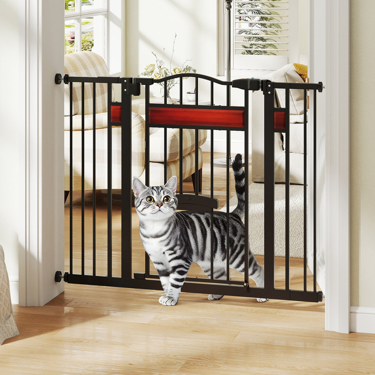The walk through pet gate with a small door, blocking a doorway with a cat standing near it