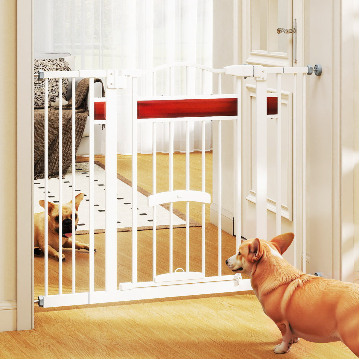 The white pet gate is installed in a room with two dogs looking at each other through it