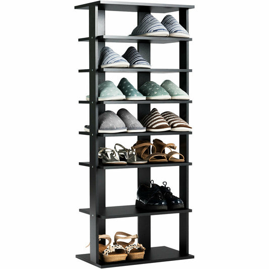 Extra Wide Wooden Vertical Shoe Rack with 7 Shelves filled with various pairs of footwear