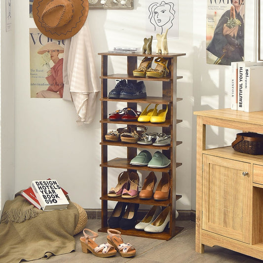 The vertical shoe rack is shown in a hallway with shoes and accessories displayed