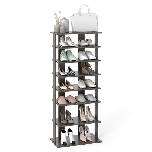 Extra Wide Wooden Vertical Shoe Rack with 7 Shelves filled with various pairs of footwear