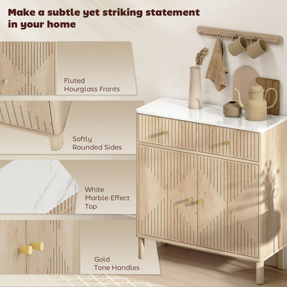 HOMCOM Sideboard Storage Cabinet, Fluted Kitchen Cupboard with Marble-Effect Top, 2 Drawers, 2 Doors and Adjustable Shelf, Oak
