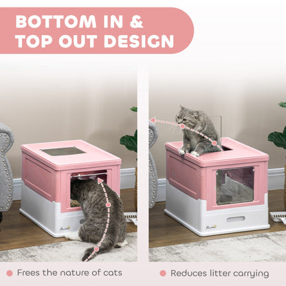 PawHut Hooded Cat Litter Box, Portable Pet Toilet, with Scoop, Front Entry - Pink
