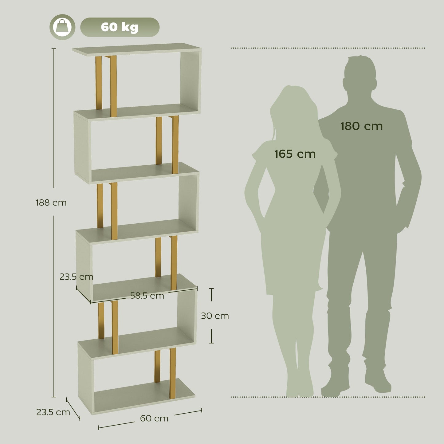 HOMCOM S-Shaped Bookshelf, 5-Tier Bookcase, Freestanding Storage Shelves with Anti-Tip Strap for Living Room, Light Green