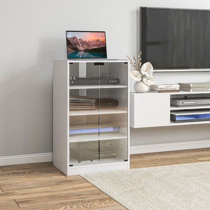 HOMCOM 4-Tier Hi-Fi Stand,  Record Player Stand with Adjustable Shelves and Push-to-Open Glass Doors, White Wood-Effect