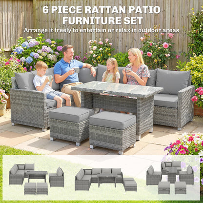 Outsunny 6 Seater Rattan Garden Furniture Set with 3 Sofas, 2 Footstools, Table, Patio Rattan Furniture Sofa Sets, Grey