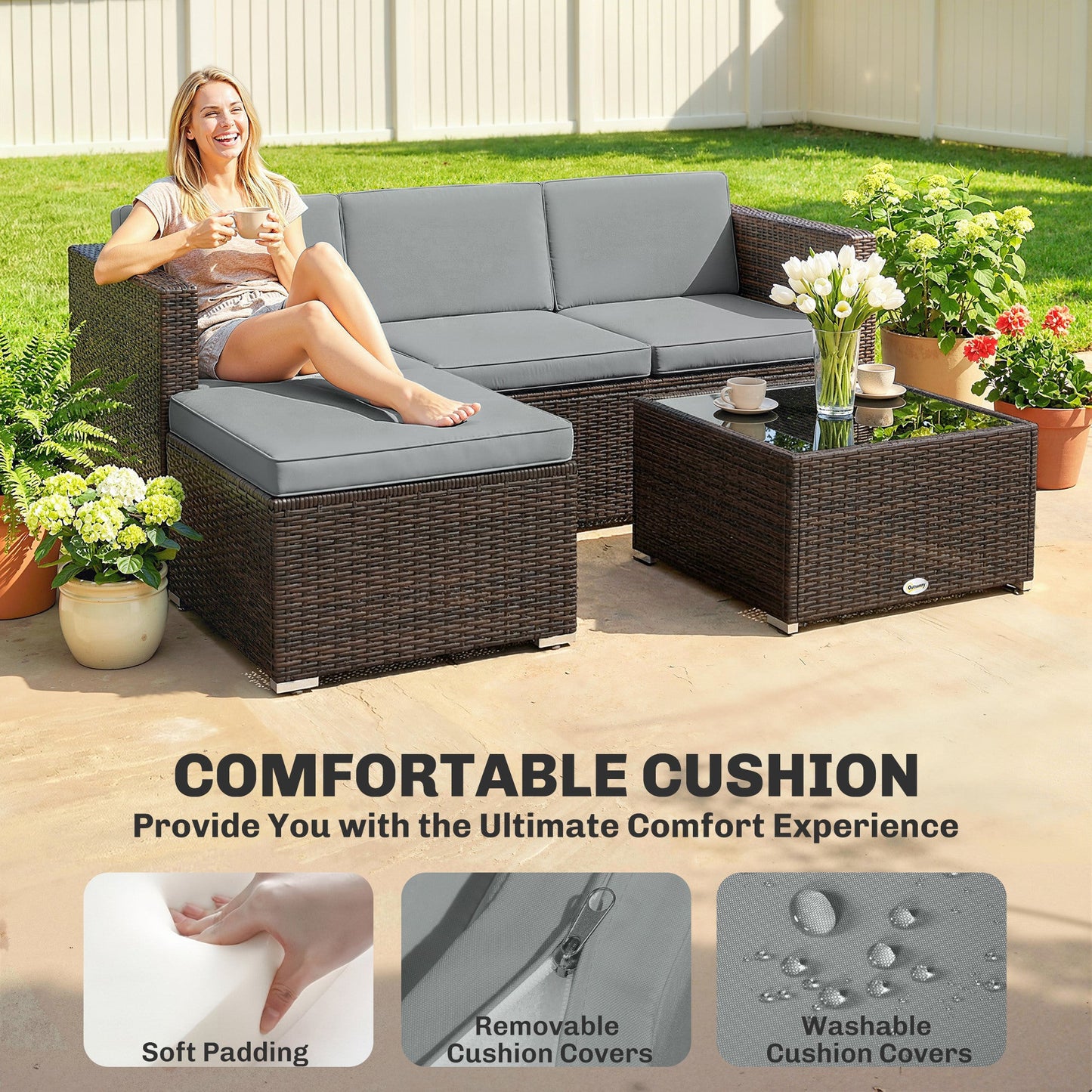 Outsunny 3 Pieces Garden Furniture Set w/ Cushions, PE Rattan Wicker Conversation Corner Sofa Set, Light Grey