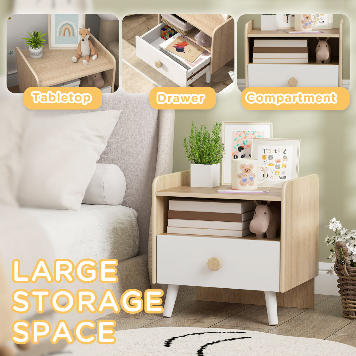 AIYAPLAY Kids Bedside Table in Natural Wood and White Drawer and Legs