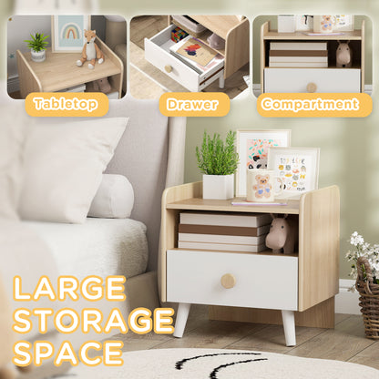 AIYAPLAY Kids Bedside Table in Natural Wood and White Drawer and Legs