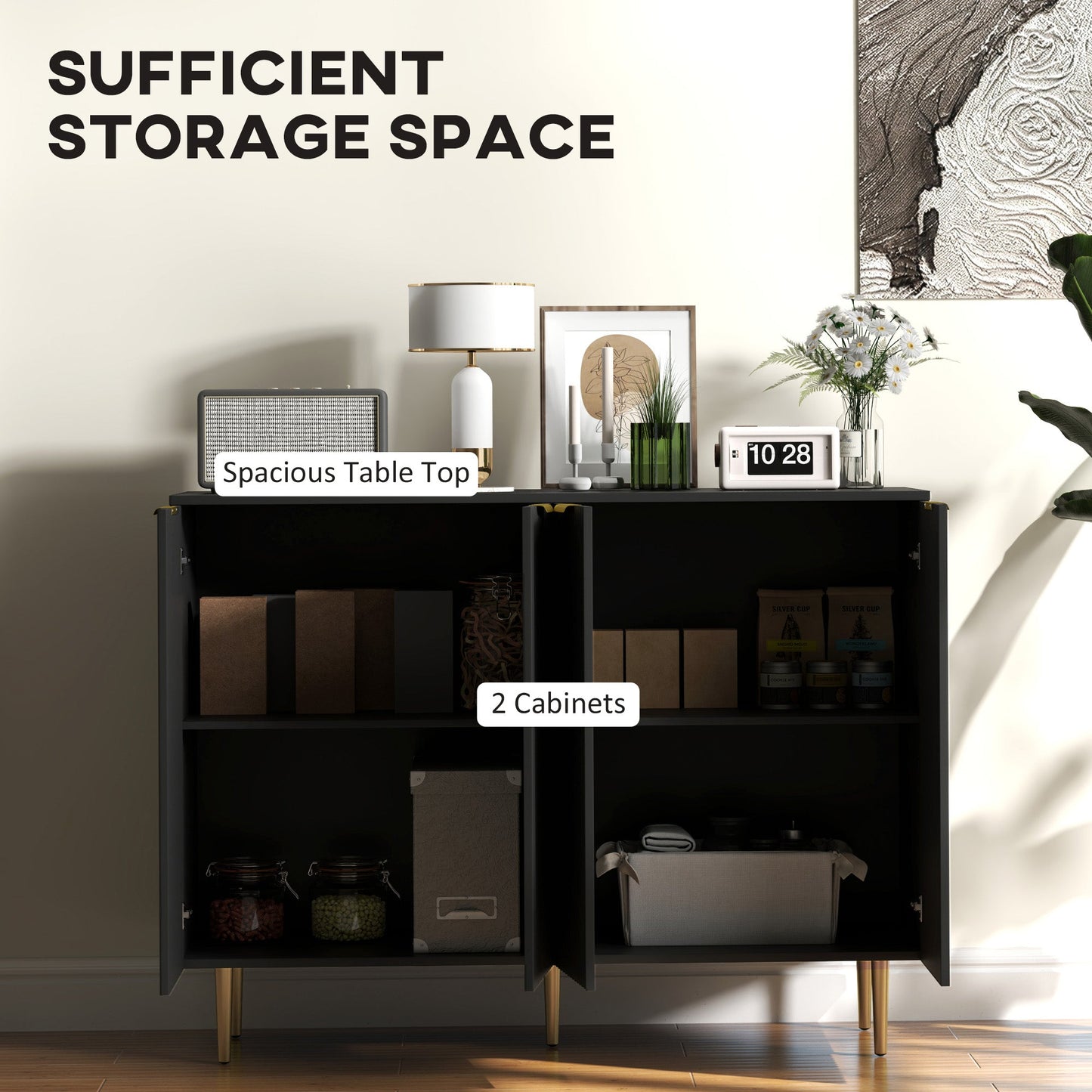 HOMCOM Sideboard Buffet Cabinet, Modern Kitchen Storage Cabinet with Adjustable Shelves and Metal Legs, Black