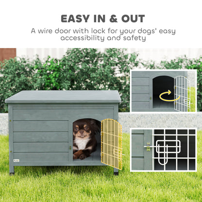 PawHut Wooden Dog House with Removable Bottom, Wire Door, Openable Top, Pet Shelter for Small Dog, 80 x 55 x 53.5cm, Dark Grey