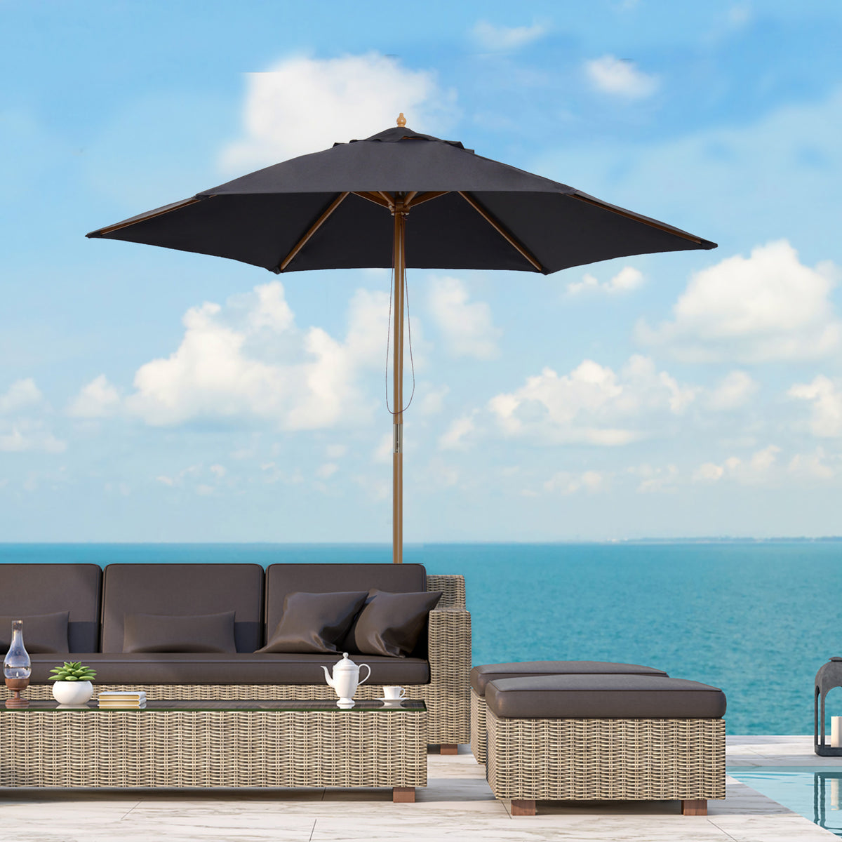 Outsunny 2.5m Wood Garden Parasol in Black