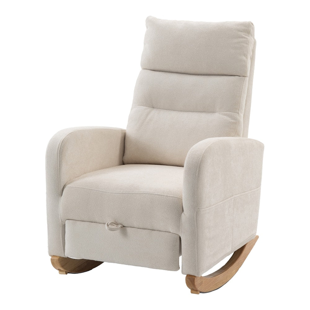HOMCOM Upholstered Rocking Chair Retractable Footrest Rocker Chair High Back for Living Room Cream White