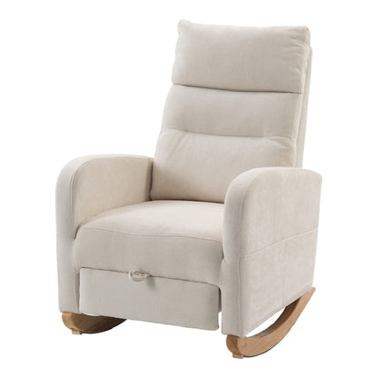 HOMCOM Upholstered Rocking Chair Retractable Footrest Rocker Chair High Back for Living Room Cream White