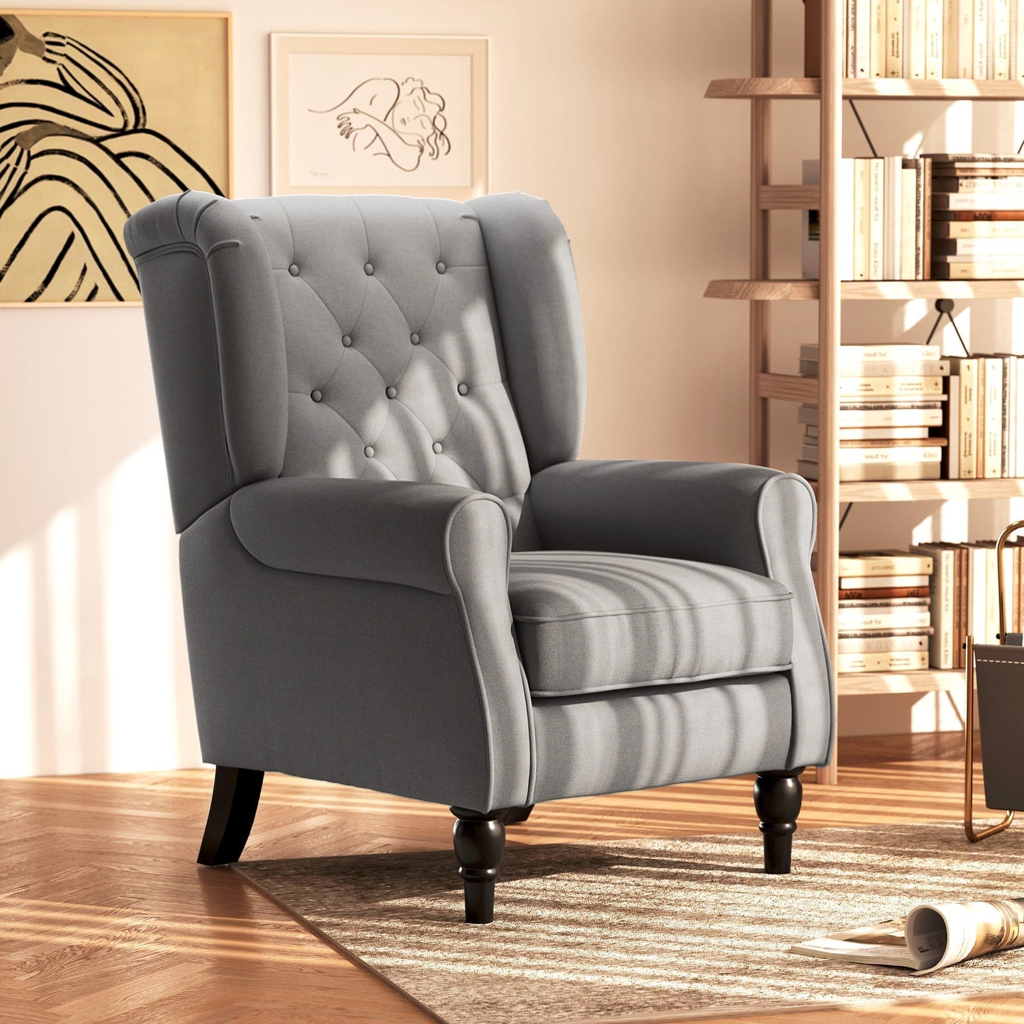 كرسي بذراعين بتصميم عتيق من HOMCOM، كرسي ونجباك من الكتان مع إطار خشبي وتصميم بأزرار للمعيشة وغرفة النوم، رمادي داكن