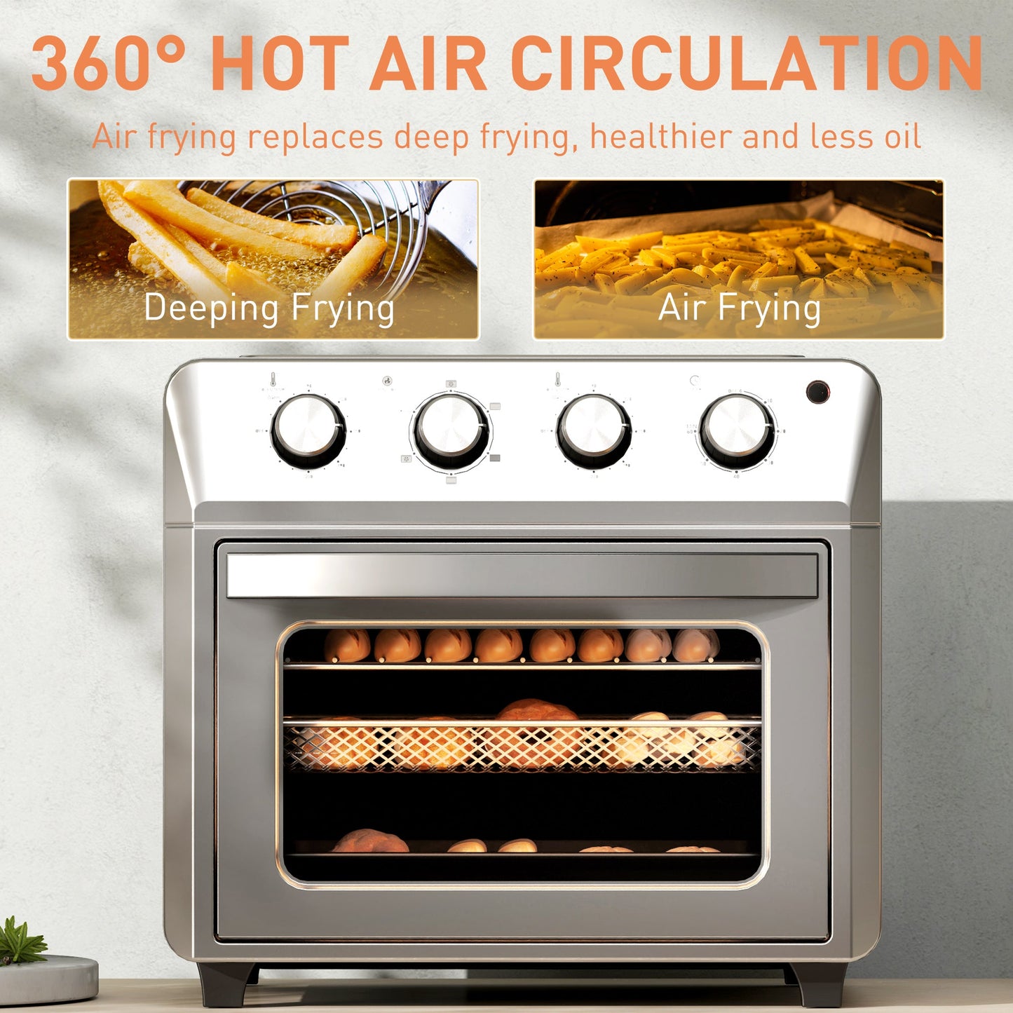 HOMCOM 24L Air Fryer Oven, Mini Oven, Oil Free Cooking, Grill, Roast, Bake, with Adjustable Temperature, Timer, Touch Screen, Dishwasher Safe, 1600W, Silver