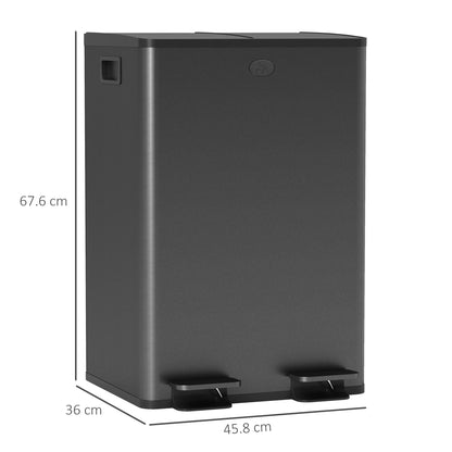 HOMCOM 56L Dual Compartment Stainless Steel Bin, with Deodoriser Holders - Black