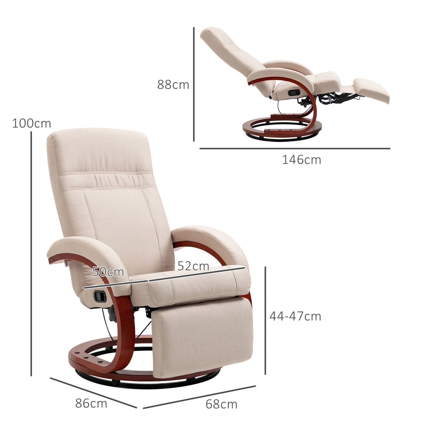 HOMCOM 135 degrees Manual Reclining Swivel Chair, with Footrest - Beige