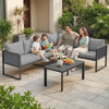 Outsunny 6 Seater Metal Garden Furniture Corner Sofa Set with 3 Loveseats, Faux Wood Table, Texteline Seat, Cushions, Dark Grey