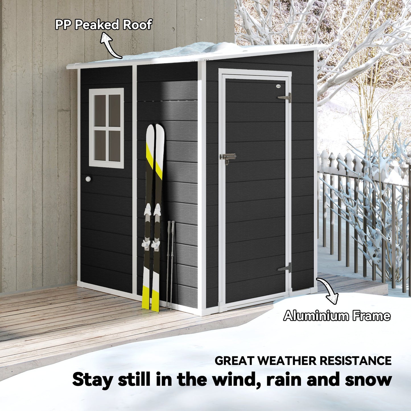 حظيرة تخزين خارجية Outsunny 4'x5' للحديقة، حظيرة مائلة، حظيرة حديقة قابلة للقفل مع نافذة، فتحة تهوية وسقف بلاستيكي، أسود