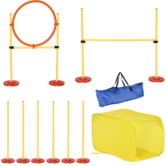 مجموعة حواجز تدريب الكلاب المحمولة من Pawhut Dog Agility Equipment مكونة من 5 قطع مع عمود قفز عالي قابل للتعديل وحلقة قفز وأعمدة منسوجة ونفق