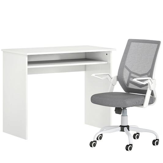 HOMCOM Home Office Furniture Set, Modern Computer Desk with Storage Shelf and Ergonomic Mesh Chair with Flip-Up Arms, Lumbar Support, Adjustable Height, Swivel Wheels, White and Grey