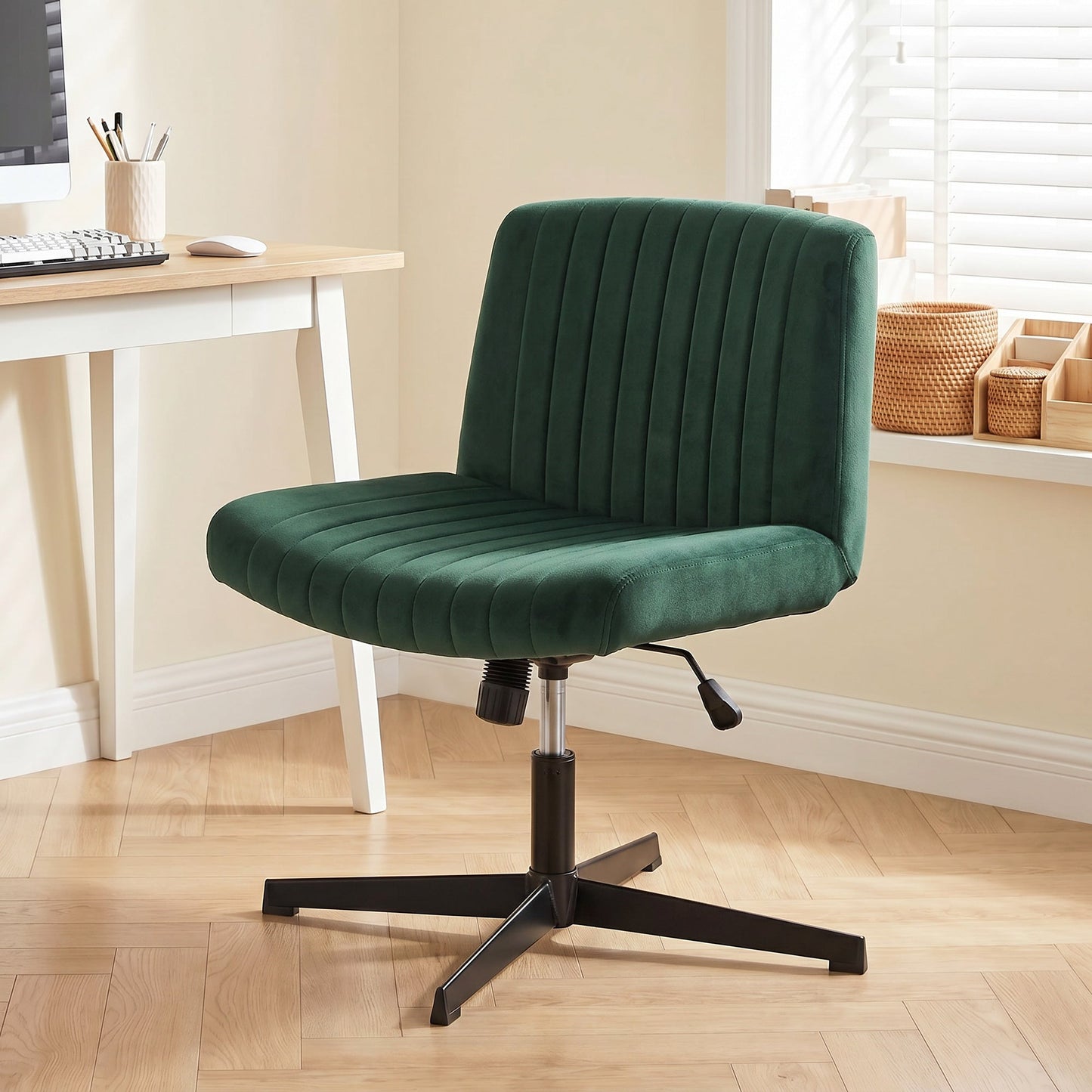 HOMCOM Flannel Criss Cross Legged Desk Chair, Armless Office Chair No Wheels, Green