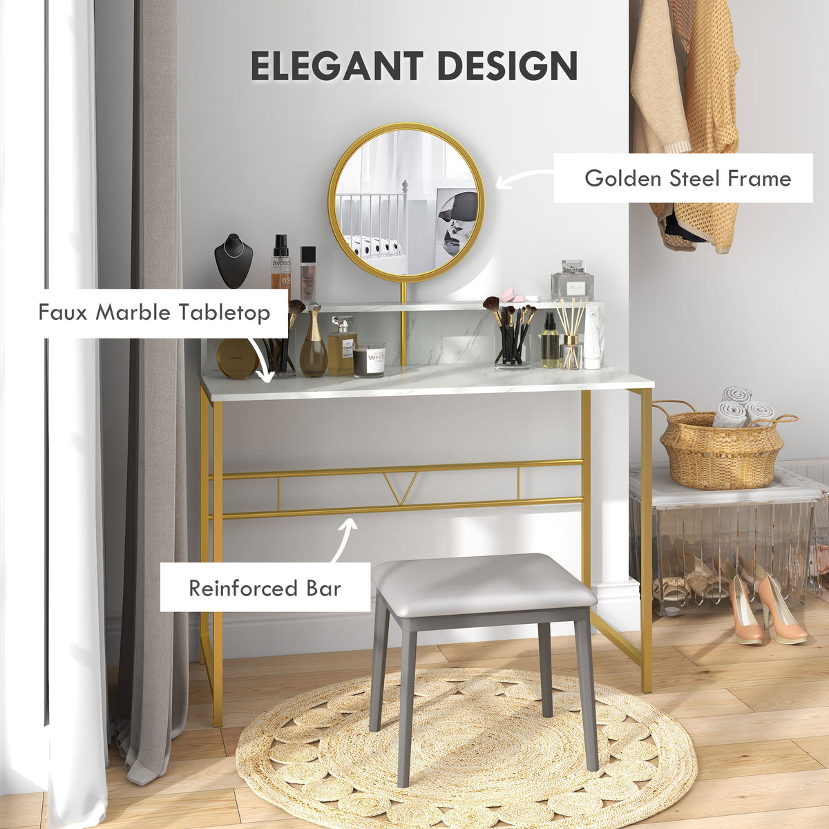 HOMCOM Modern Dressing Table with Round Mirror in White and Golden