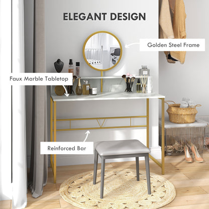 HOMCOM Modern Dressing Table with Round Mirror in White and Golden
