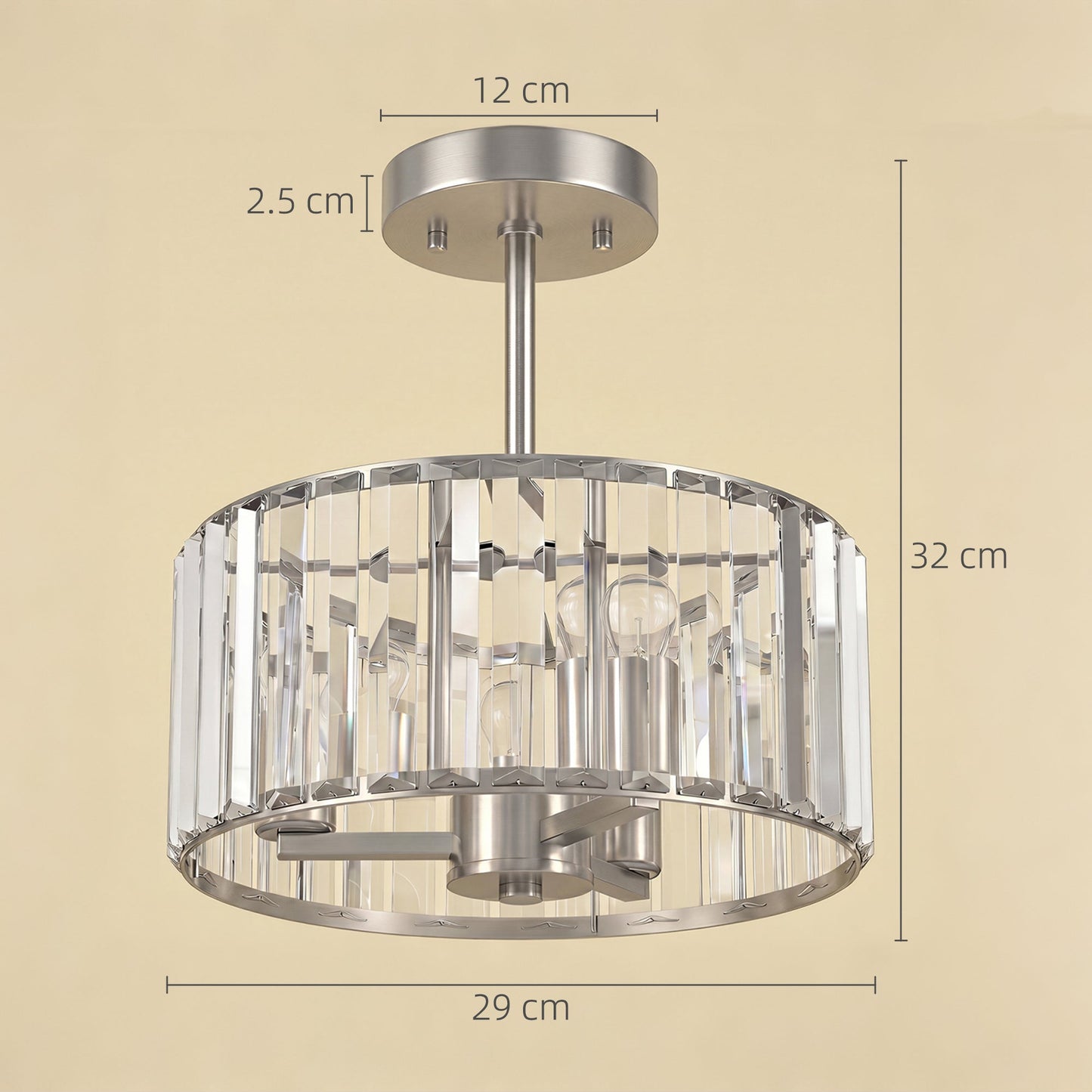 HOMCOM Semi Flush Mount Modern Crystal Chandelier Ceiling Light, Crystal Ceiling Light Fixture with E14 Base, Silver Tone