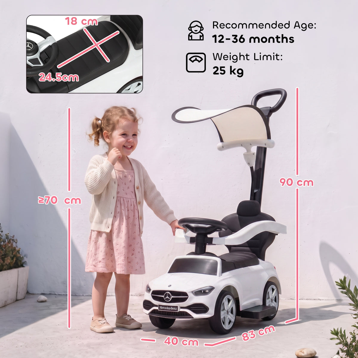 AIYAPLAY 4 in 1 Licensed Benz Ride on Push Car in White
