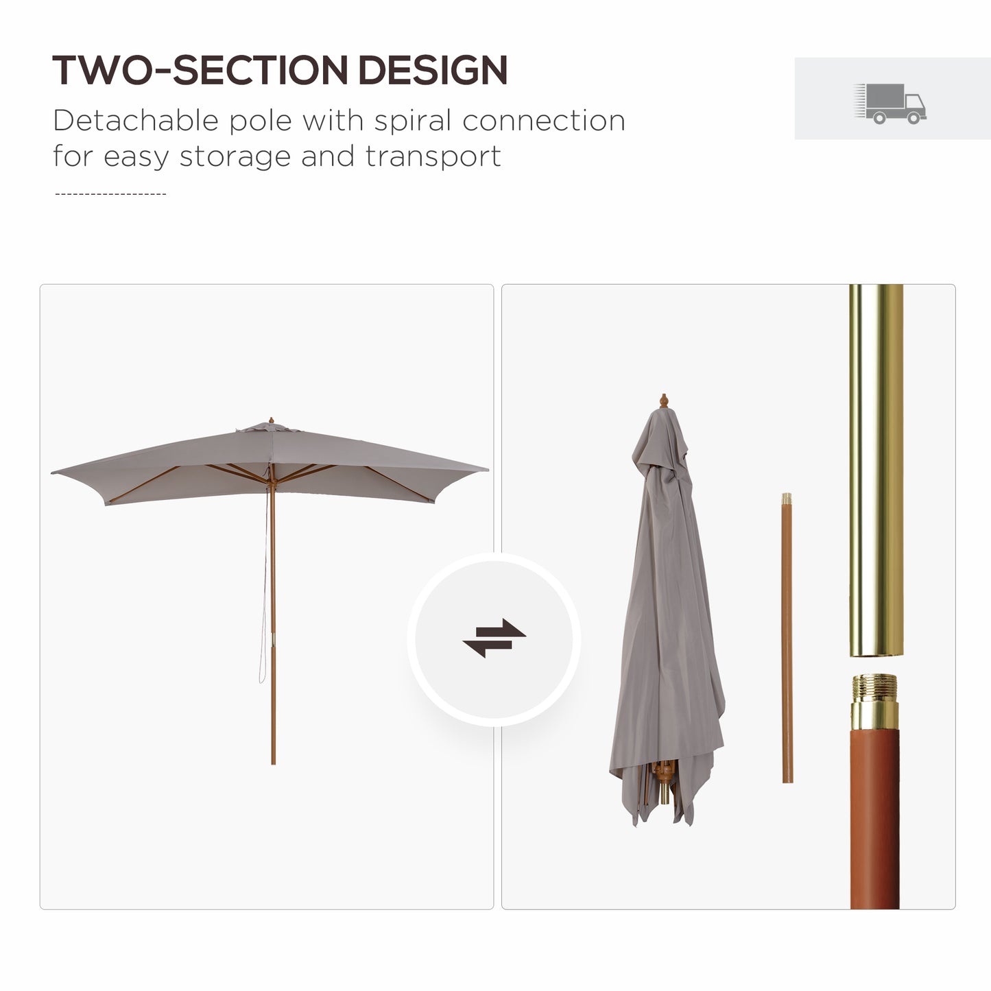 Outsunny 2 x 3m Wooden Garden Parasol Umbrella Outdoor Sun Shade Canopy, Table Market Umbrella with Vent, 38 mm Pole, Rope Pulley Mechanism, Light Grey
