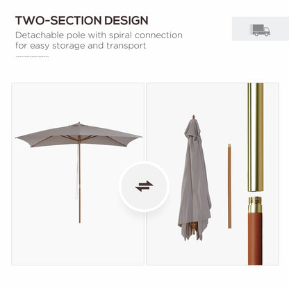 Outsunny 2 x 3m Wooden Garden Parasol Umbrella Outdoor Sun Shade Canopy, Table Market Umbrella with Vent, 38 mm Pole, Rope Pulley Mechanism, Light Grey