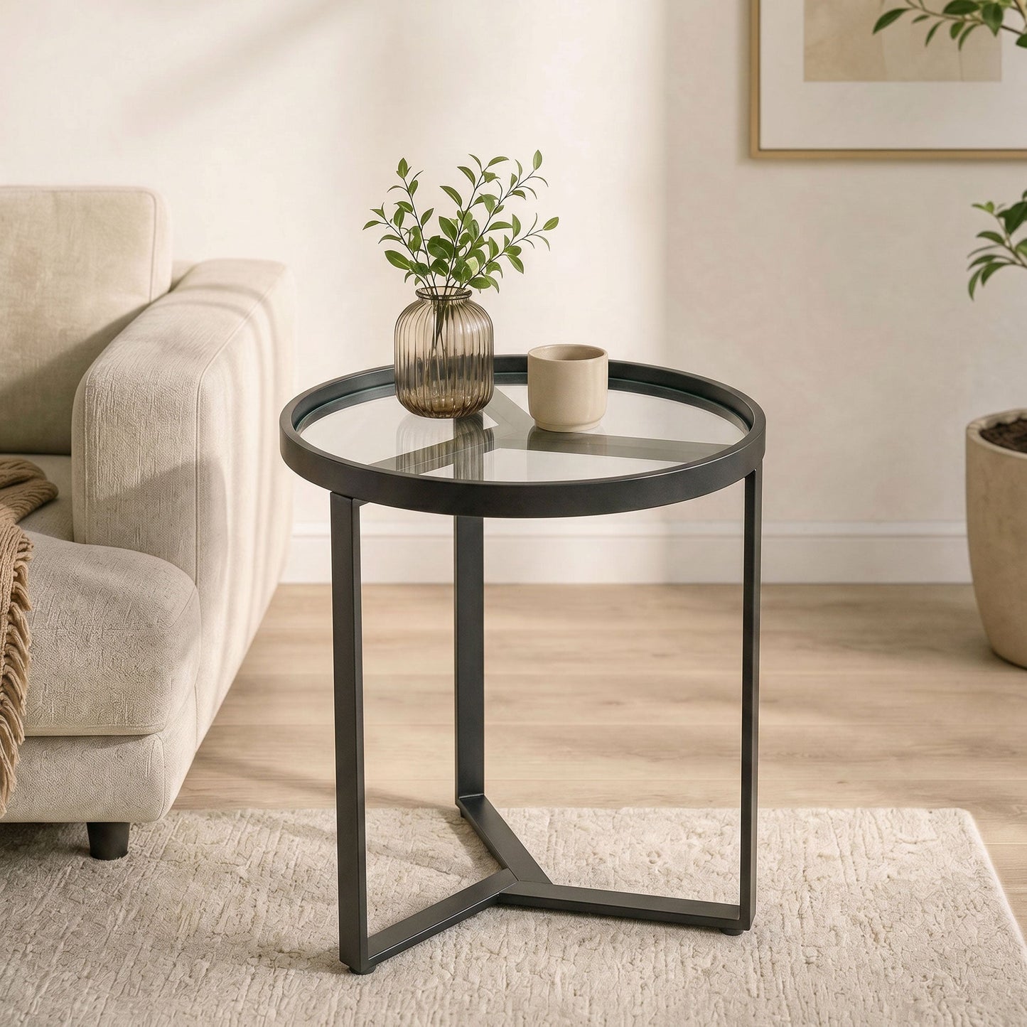 HOMCOM Round Side Table with Tempered Glass Top and Geometric Metal Frame for Small Space, Black