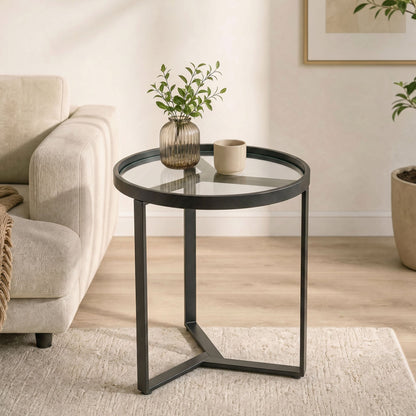HOMCOM Round Side Table with Tempered Glass Top and Geometric Metal Frame for Small Space, Black