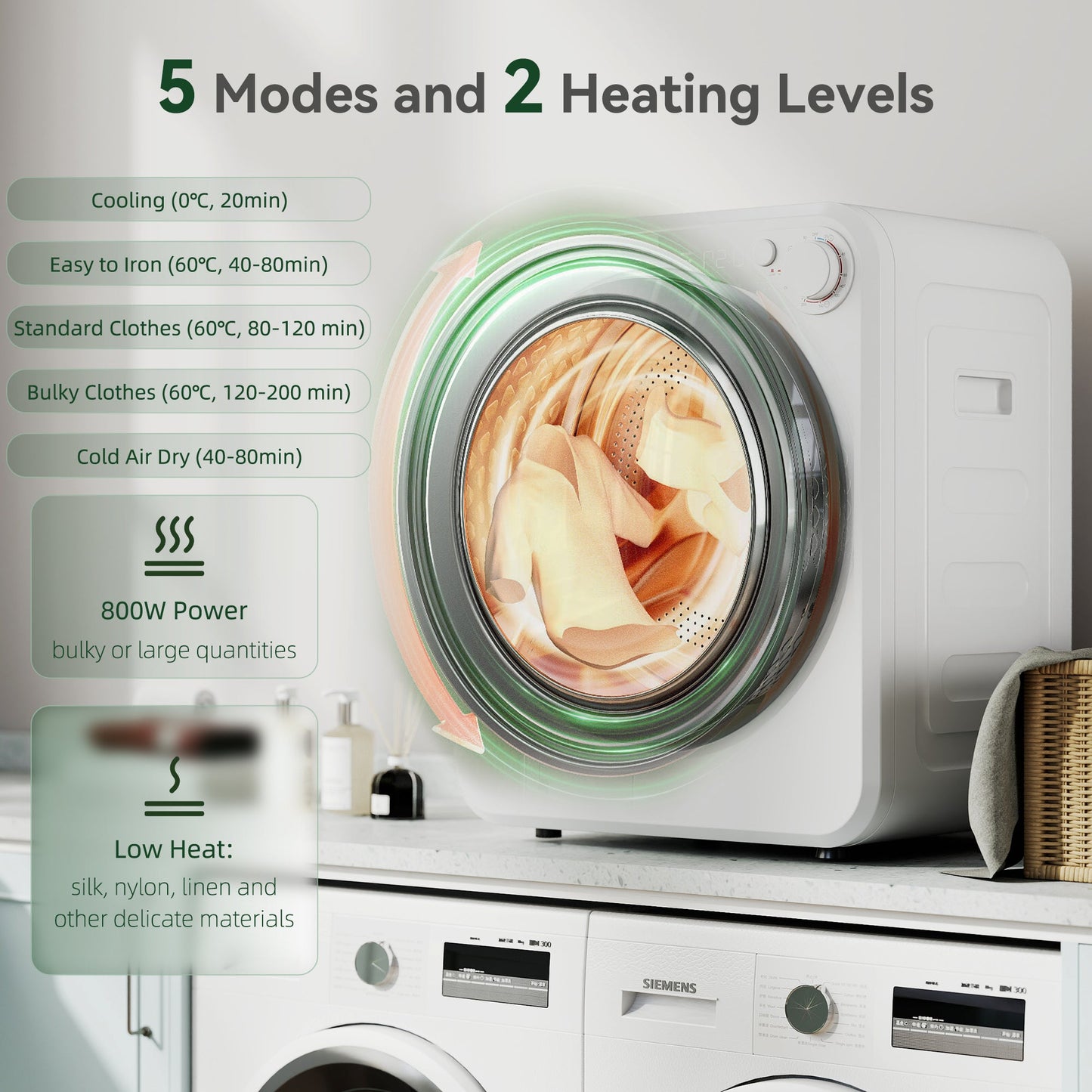 HOMCOM 4kg Front Load Laundry Dryer, Portable Clothes Dryer with 2 Power Modes, 400W/800W, White