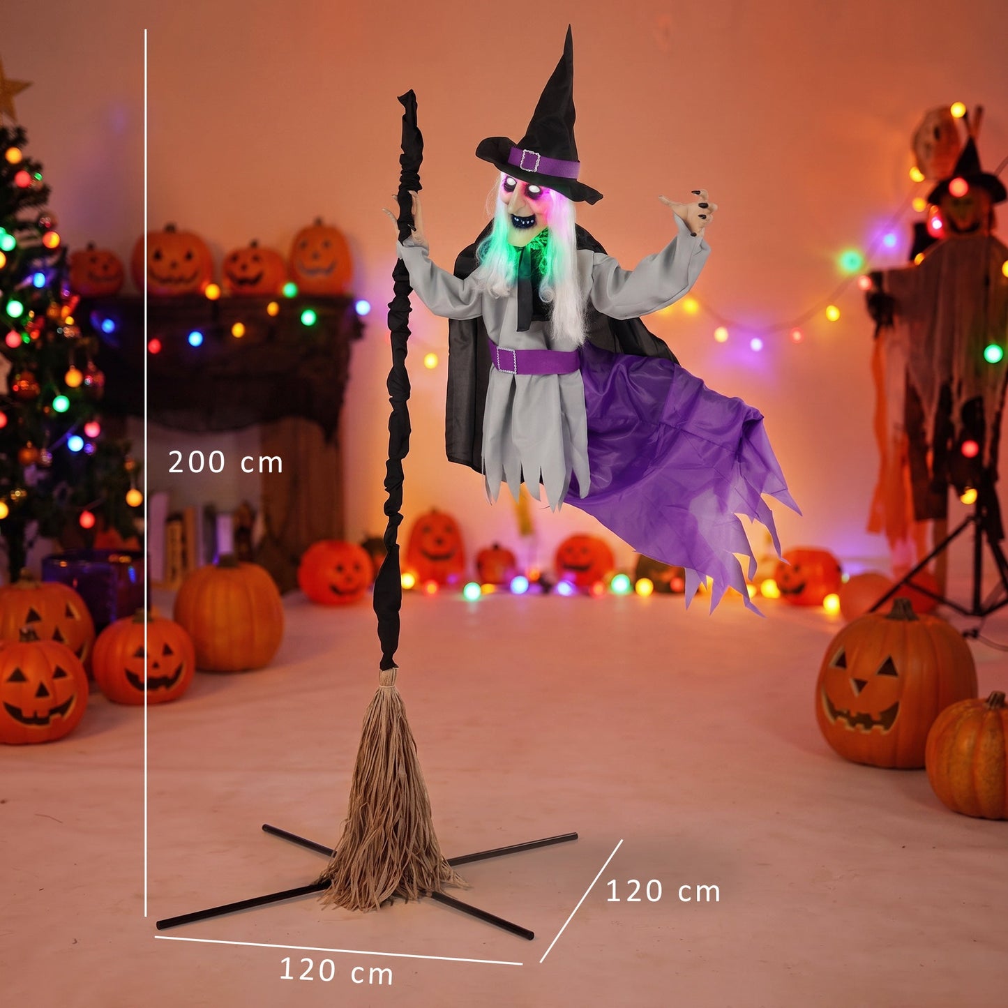 HOMCOM 200cm Life Size Animated Flying Witch Halloween Decorations Outdoor Indoor, Scary Halloween Animatronics Decor