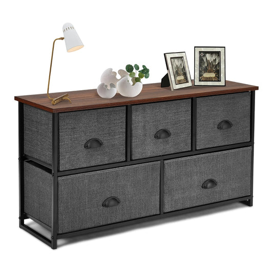 Fabric Drawer Cabinet for Wardrobe, Bedroom, Living Room-Black & Grey with a wooden top and five grey drawers