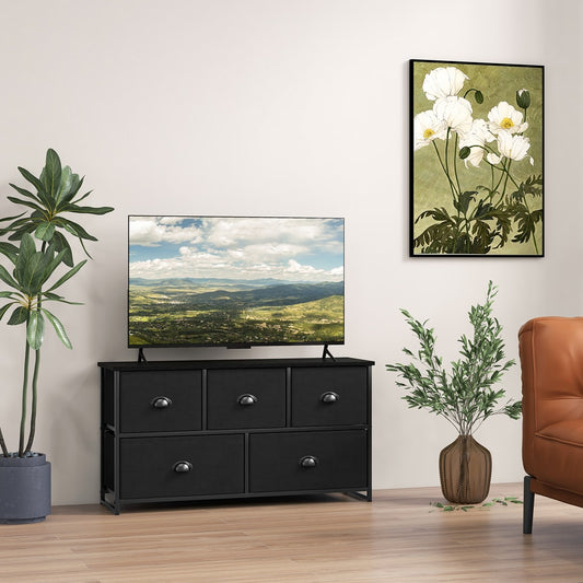 The fabric drawer cabinet for wardrobe is shown in a living room setting with a television on top