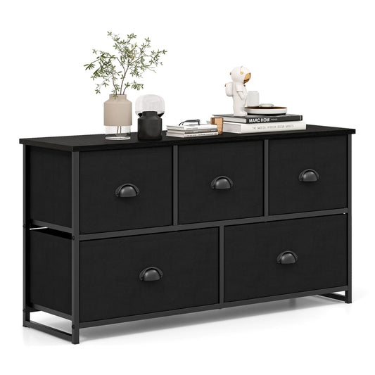 Fabric Drawer Cabinet for Wardrobe, a black five-drawer unit with a flat top and metal frame