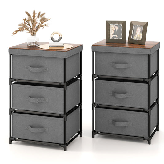 Fabric Storage Organizer Tower Unit Set of 2 with removable lid in grey fabric drawers and wood effect top