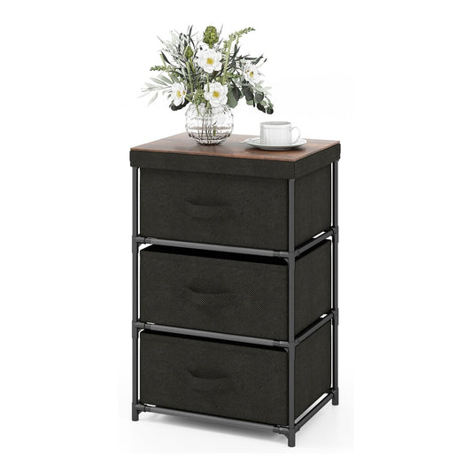Fabric Storage Organizer Tower Unit with Removable Lid in black with three drawers and wood top