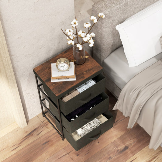 The fabric storage tower unit with three drawers and a wood effect top, shown with drawers open
