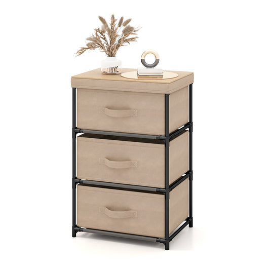Fabric Storage Organizer Tower Unit with Removable Lid-Coffee, a three-drawer fabric storage unit with a wood-effect top